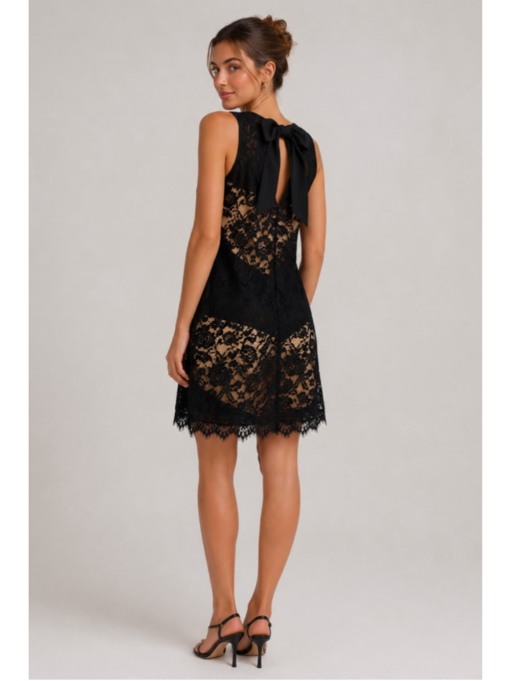Black & Beige Sleeveless Party Dress Lace Overlay Back Bow Fringe Roxberi Medium